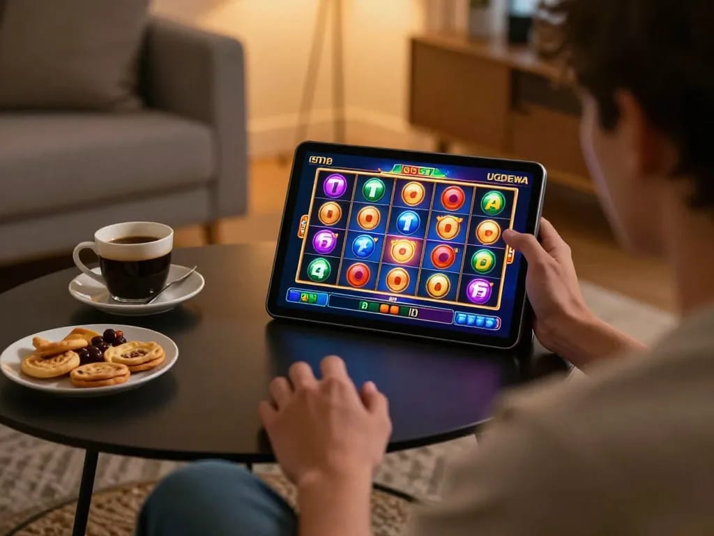 Engaging online slots gameplay on UGDEWA, showcasing dynamic visuals and player excitement in a cozy setting.