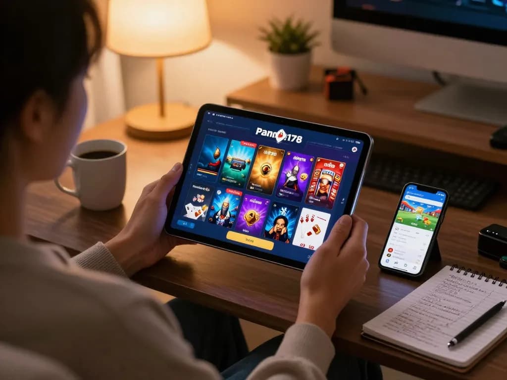 Permainan yang menarik di aplikasi mobile Panen178 dengan pemain yang fokus pada strategi poker dan antarmuka permainan.