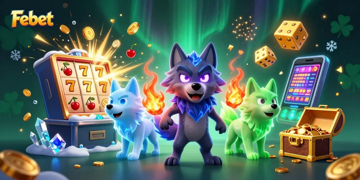 Febet gaming excitement with shadow wolves, jackpot slots, and vibrant casino elements