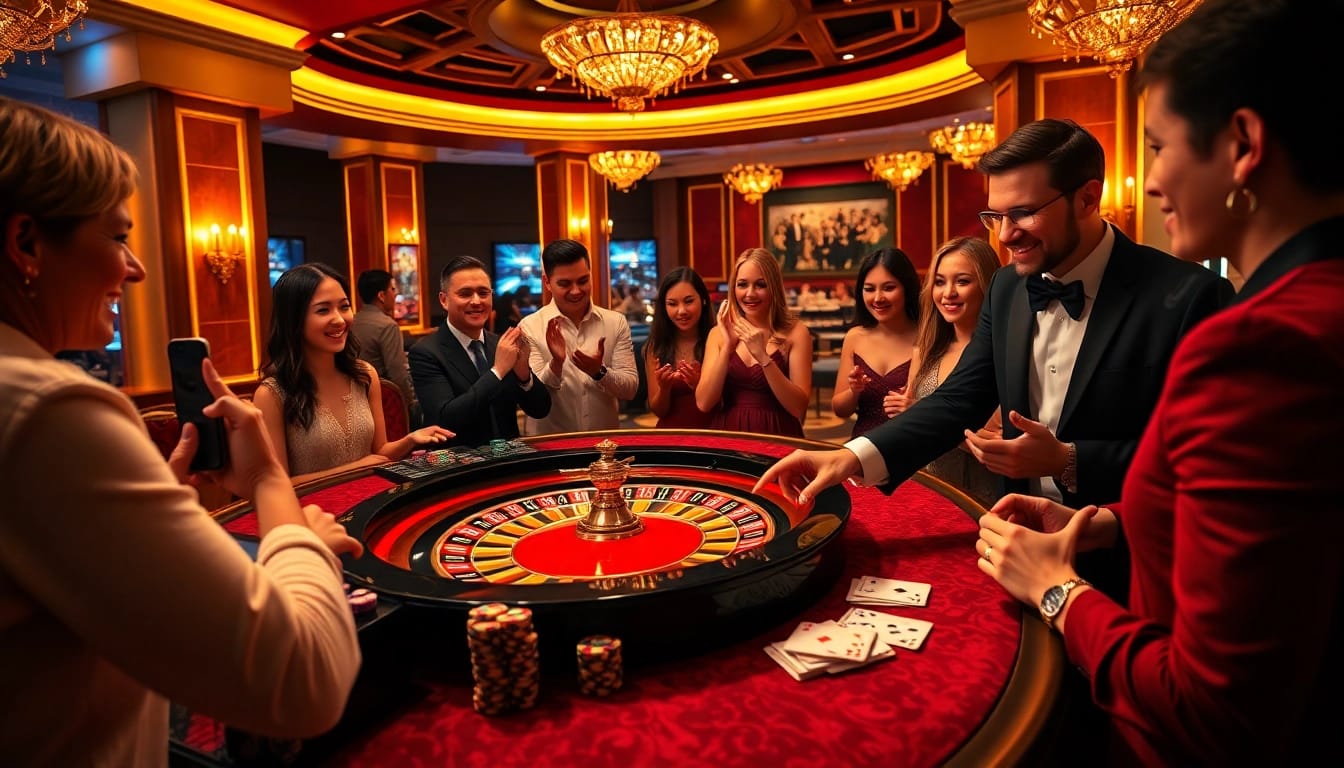 Xoso66 casino scene with engaging players around a roulette wheel, emphasizing excitement.