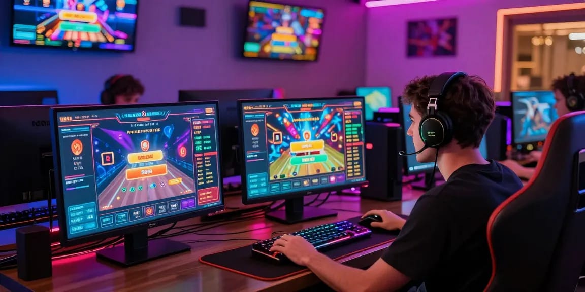 Player enjoying Mahajitu online gaming experience with vibrant screens and dynamic visuals, showcasing excitement and interaction.