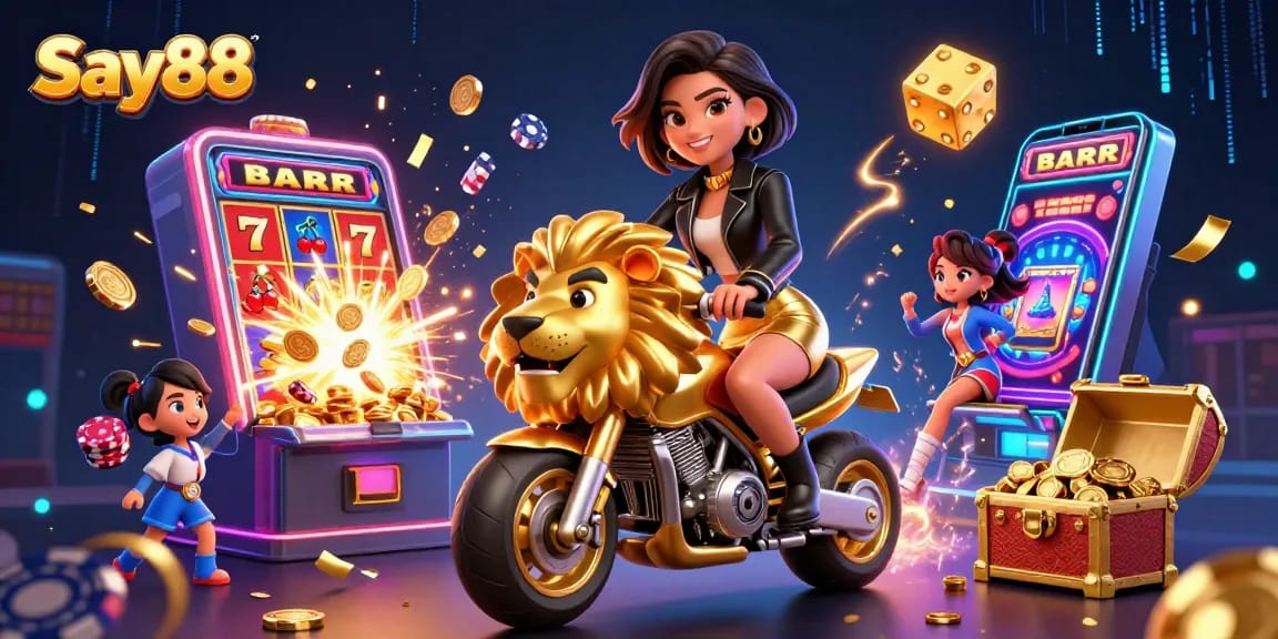 Experience exciting games at Say88 with a glamorous Asian woman and dynamic casino elements.