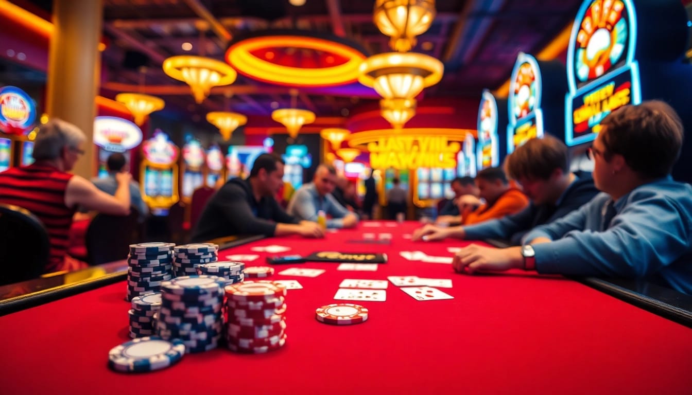 Players strategizing their next moves at a bustling casino table full of colorful chips.
