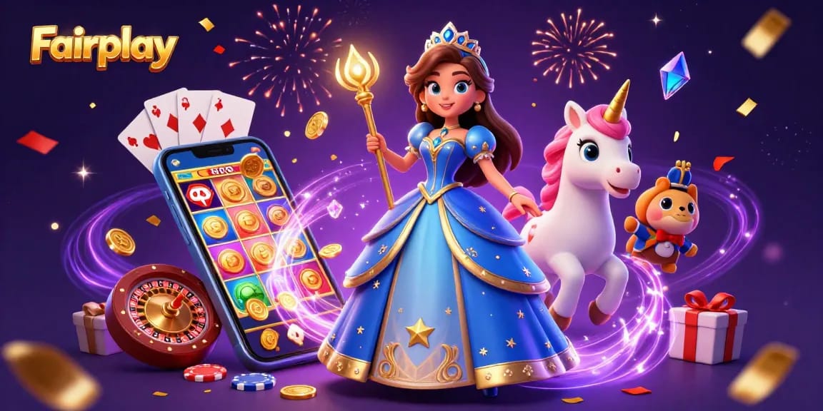 Experience Fairplay in a vibrant casino scene with a glamorous character and dynamic gaming elements.