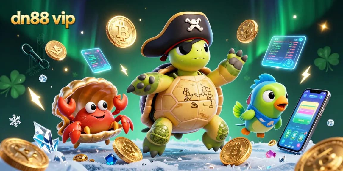 Join the excitement of dn88 vip with vibrant characters overseeing treasure and crypto casino elements.