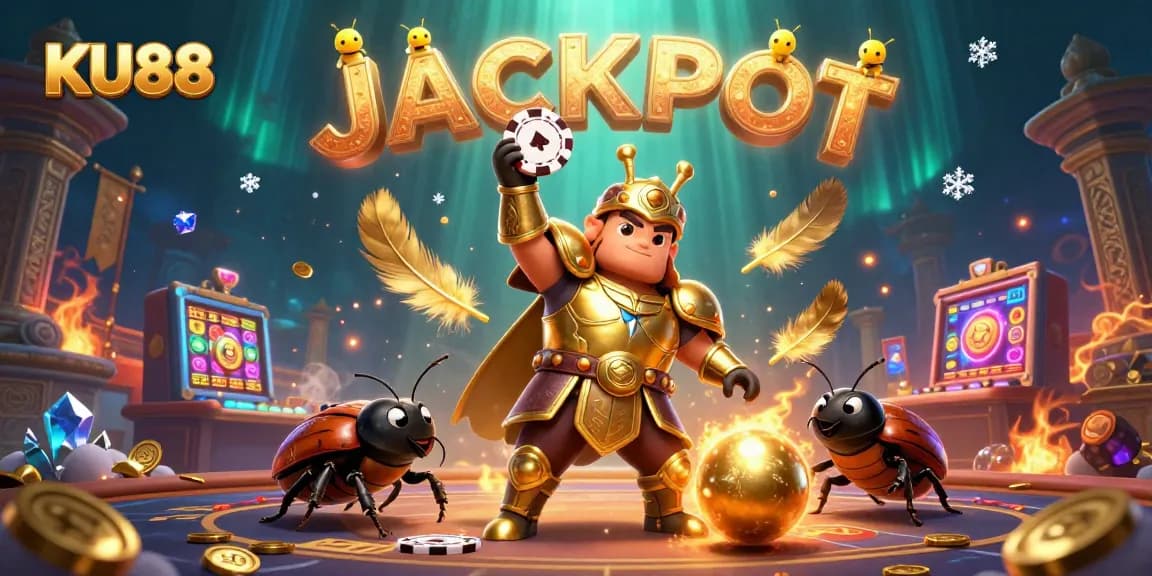 KU88 casino scene: a victorious beetle lifts a poker chip, surrounded by magical elements.