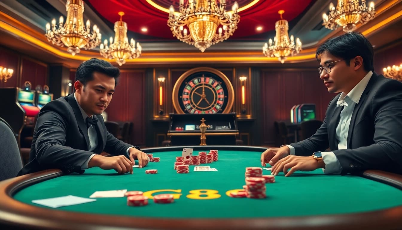 Players engage intensely in a poker game at GG88's luxurious casino, highlighting excitement and strategy.