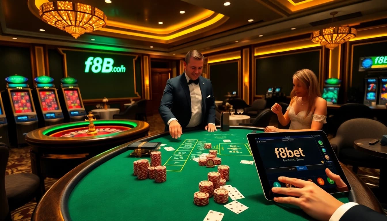 Experience the excitement at f8bet.com with a glamorous casino scene featuring vibrant gaming elements.