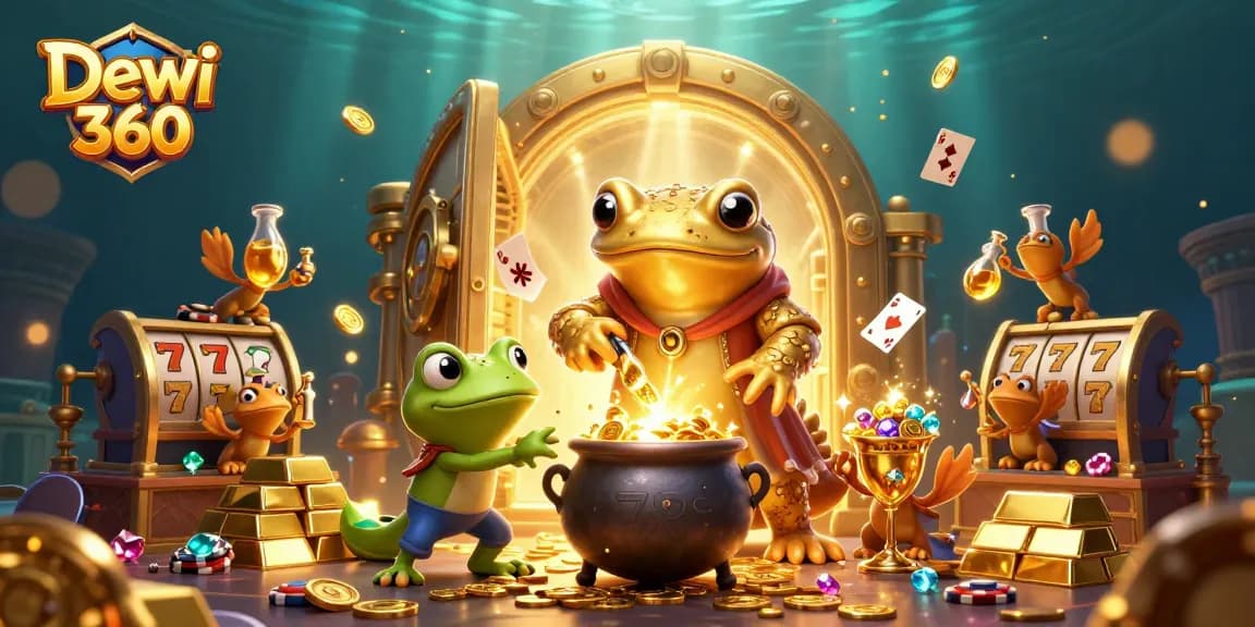 Dewi 360 menghadirkan alchemist kartun dengan koin emas cerah, simbol slot, dan nuansa kasino dalam ilustrasi 3D.