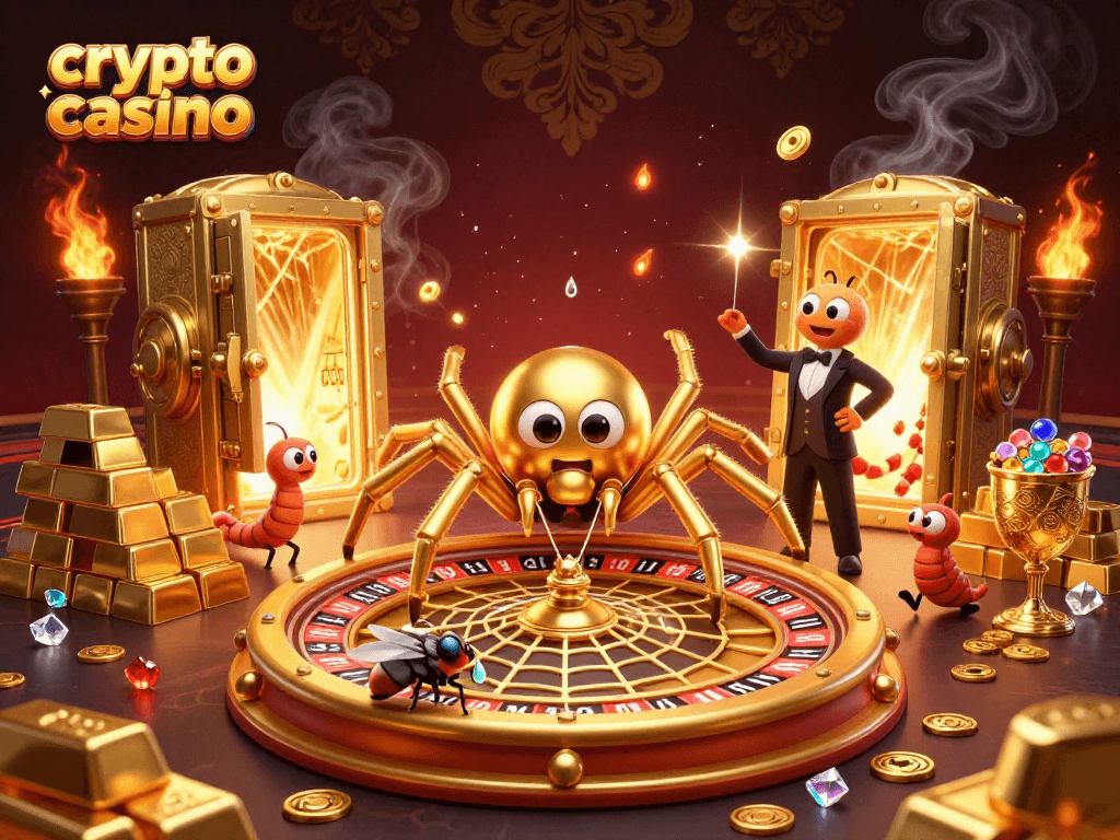 Experience the thrill of the crypto casino with a golden spider and centipede croupier in vibrant action.