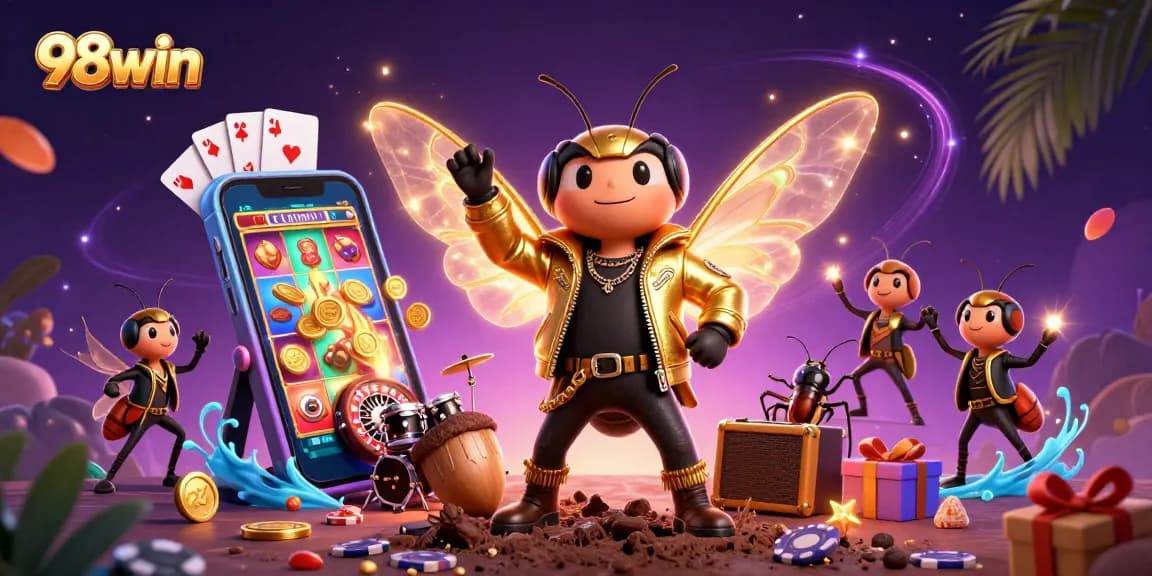 Experience the thrill of 98win with a vibrant casino scene showcasing electric characters and captivating games.