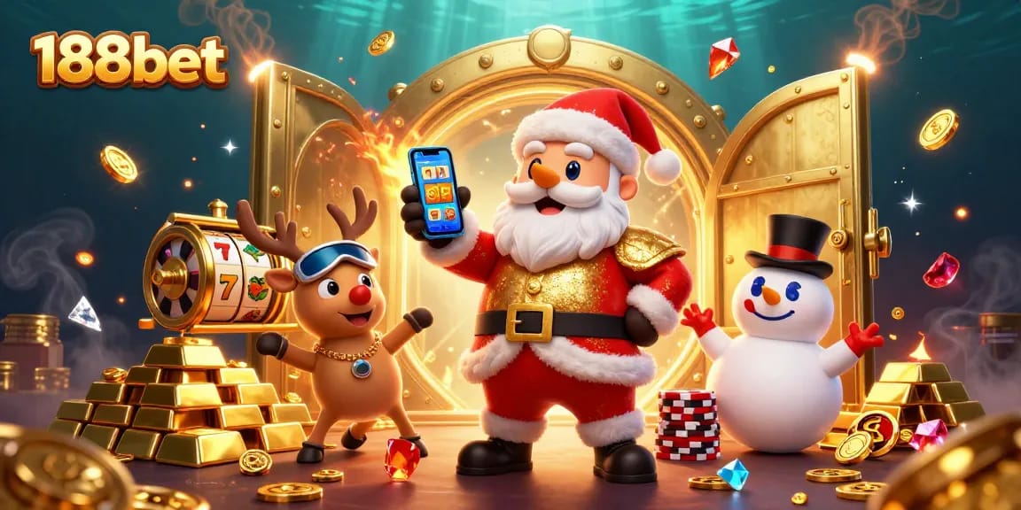 Spin and win at 188bet with festive characters, vibrant casino scene filled with jackpots.