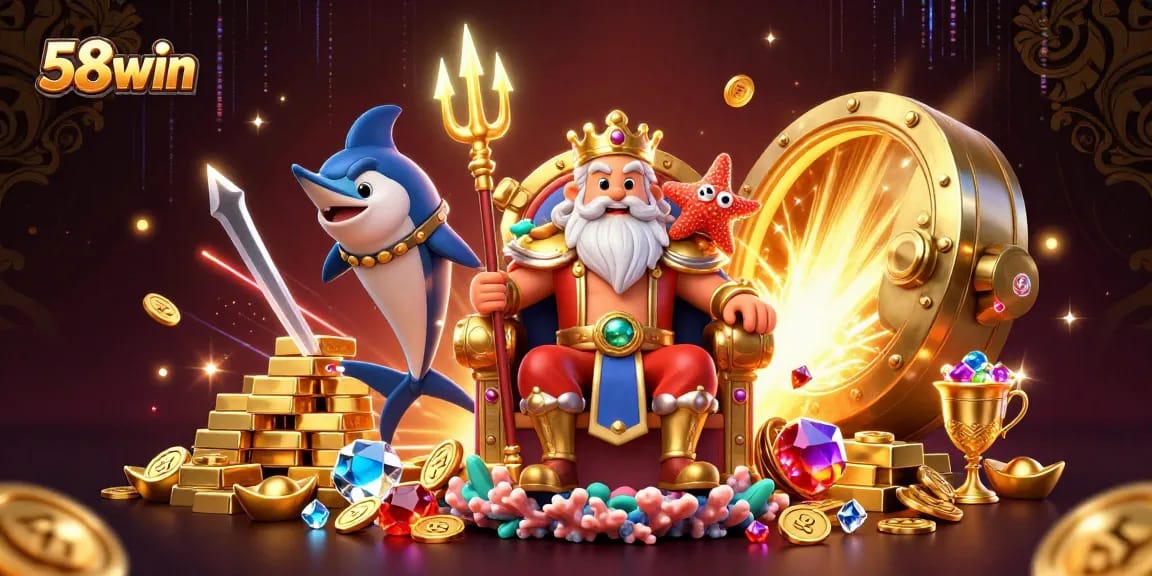 Engage in thrilling games at 58win with treasures and vibrant casino elements in an energetic scene.