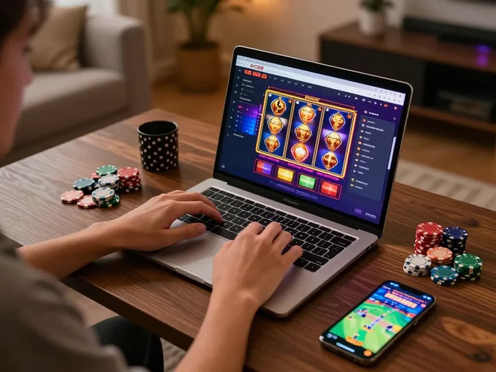 Player enjoying SC88 online casino gaming on a laptop with vibrant graphics and cozy atmosphere