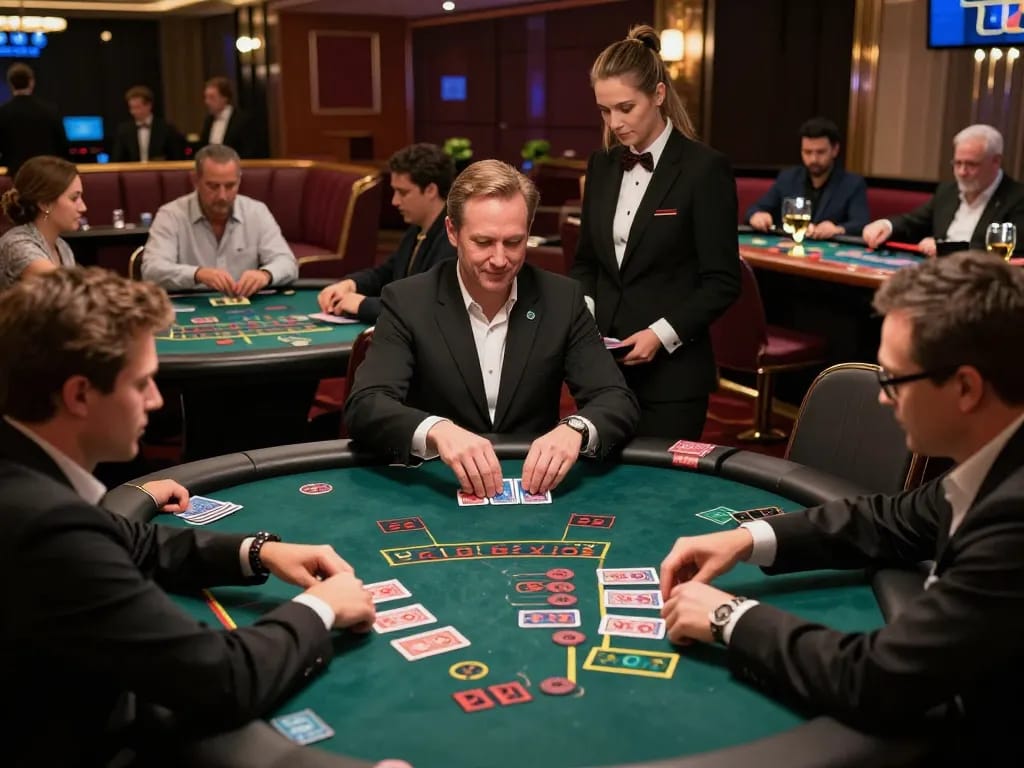 Players at a blackjack table experience the thrill of high-stakes gaming at mb66 casino.