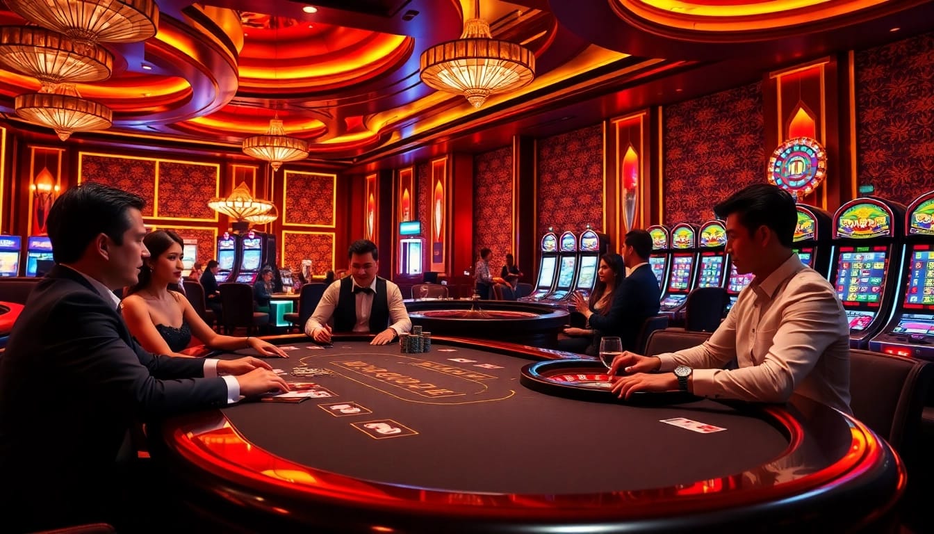 Play at xocdia88's luxurious casino, featuring engaging poker tables and vibrant slot machines.