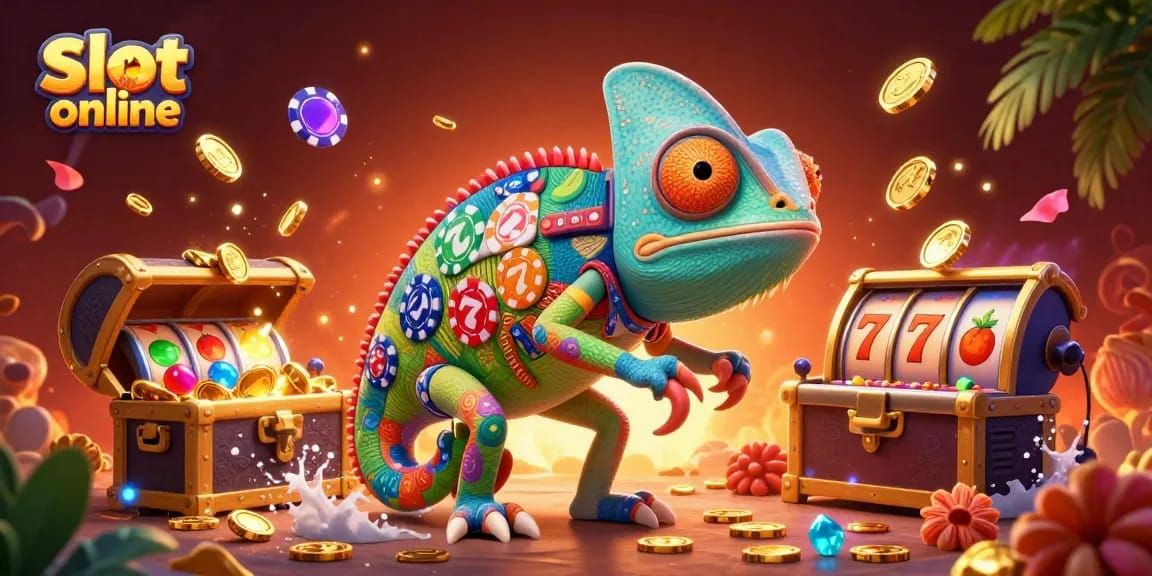 Mainkan slot online dengan karakter chameleon mengawasi peti harta karun yang pecah, menghasilkan koin emas.