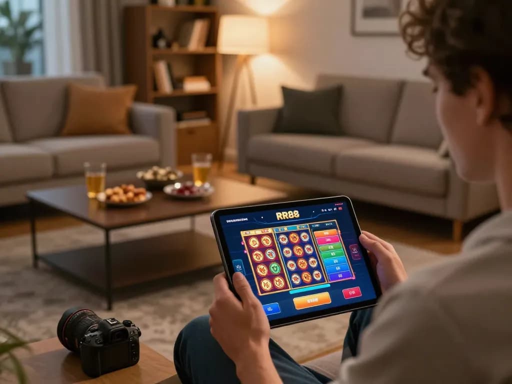 Engaging with the RR88 casino app on a tablet in a warm home setting