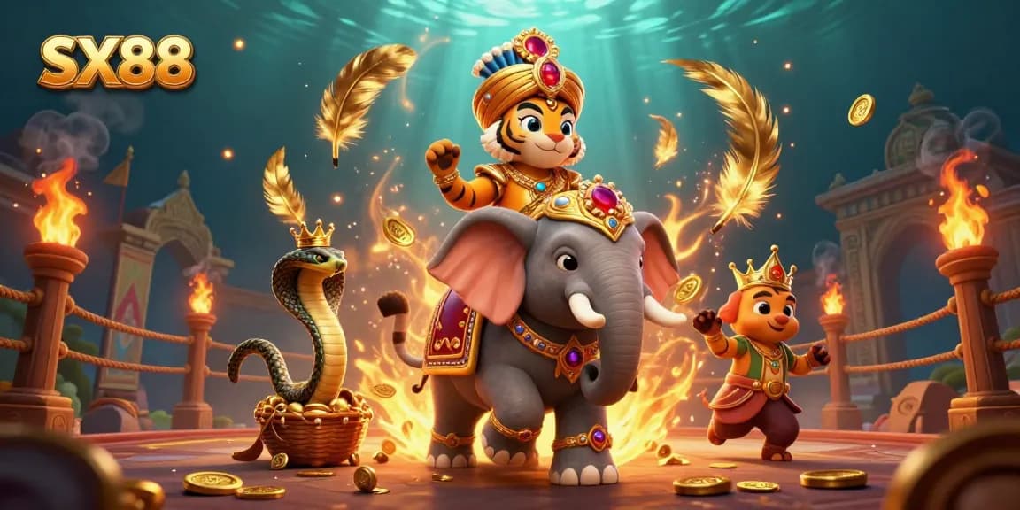 SX88 players engage in dynamic casino games surrounded by vibrant elements and rich symbols of luck.