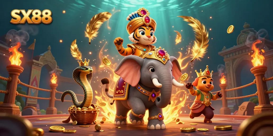 SX88 players engage in dynamic casino games surrounded by vibrant elements and rich symbols of luck.