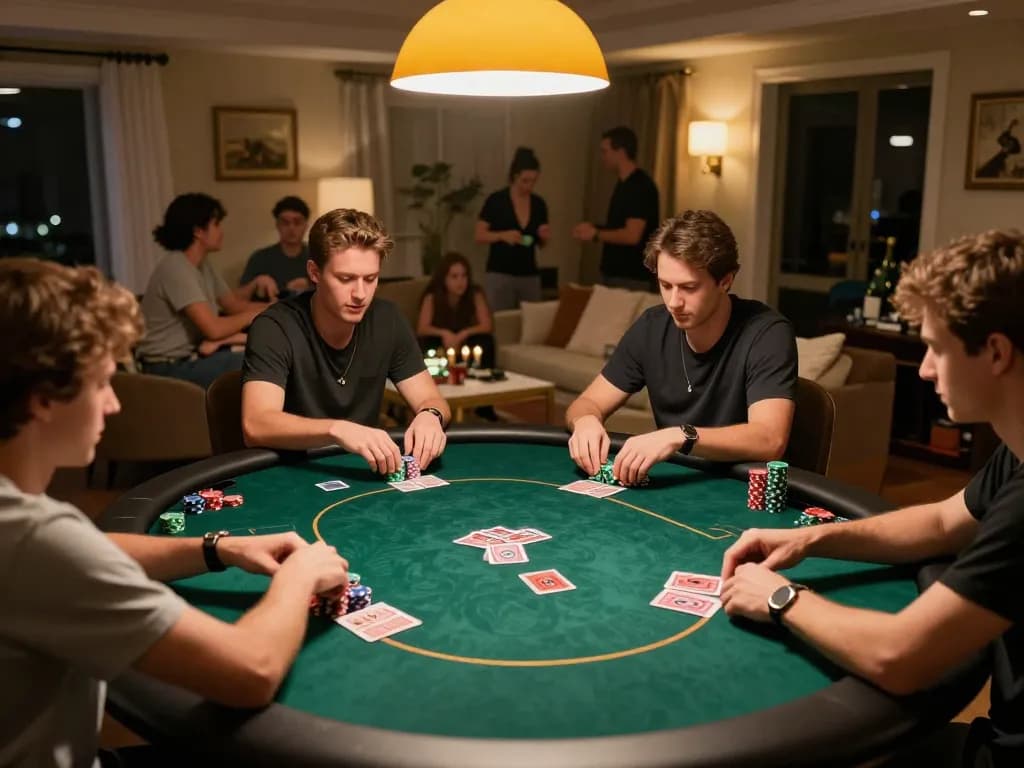 Permainan poker yang menarik menampilkan pemain aman788 slot gacor yang merencanakan langkah mereka berikutnya dengan kartu dan chip.