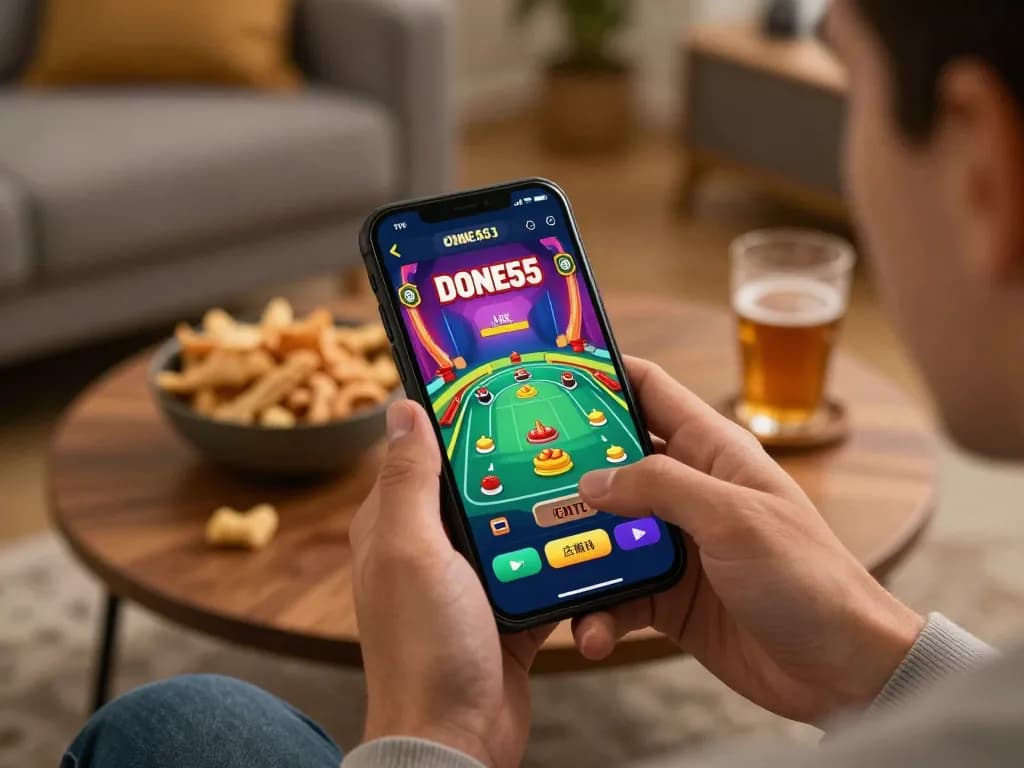 Playing the Done55 game app on a smartphone in a cozy home setting with vibrant interface.