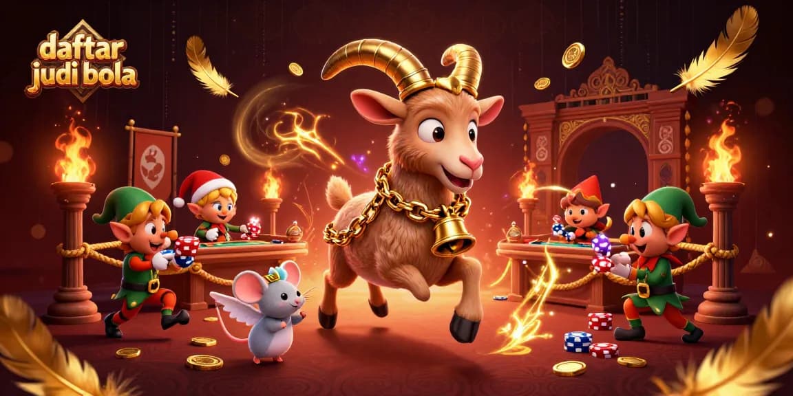 Engaging illustration of daftar judi bola with Krampus goat managing a lively casino scene filled with vibrant characters.