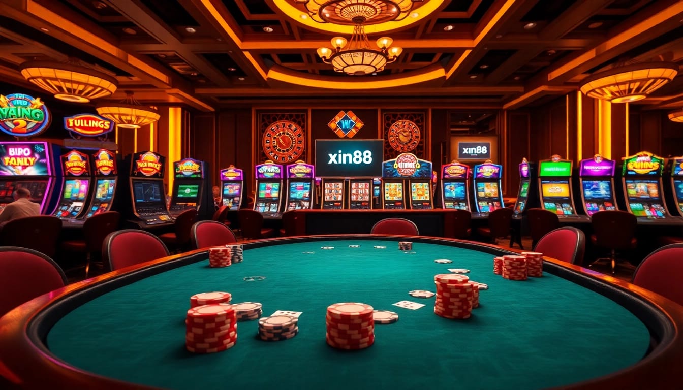 Experience high-stakes gambling at xin88 with vibrant casino tables and digital displays.