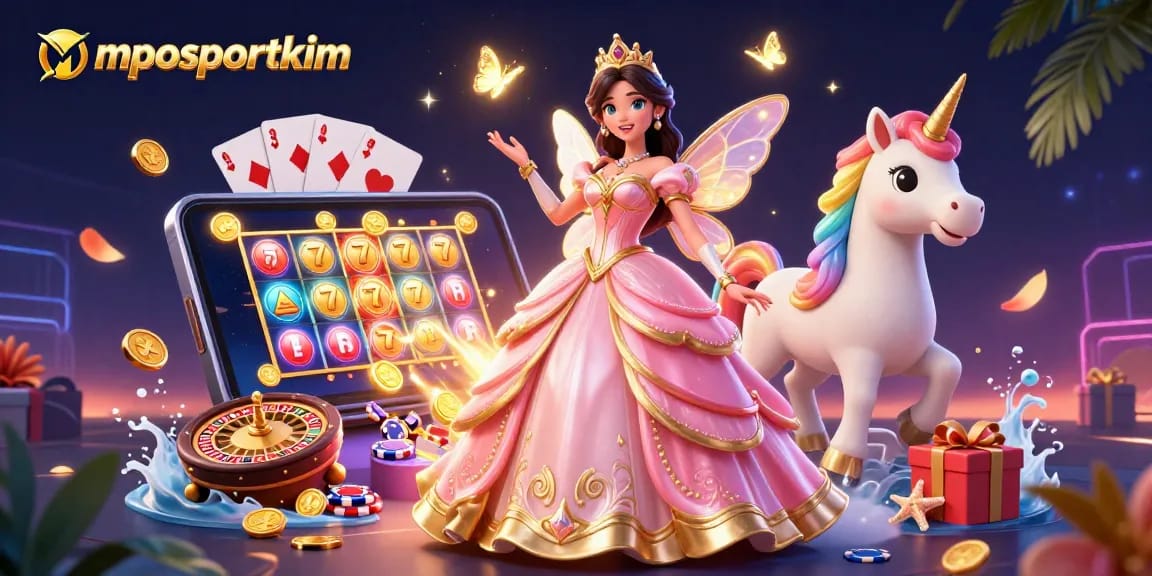 Engage with mposportkim's colorful slot games and dynamic character illustration in a magical casino scene.
