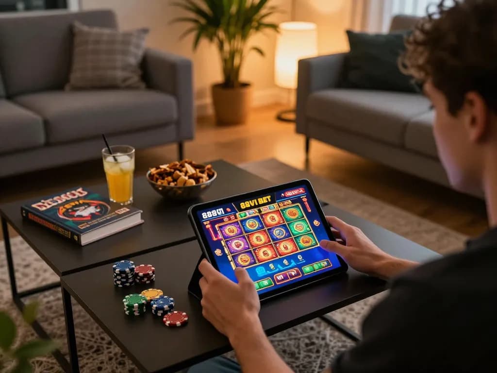 Engaging in 888VI BET online casino gaming at home with tablet displaying vibrant game choices.