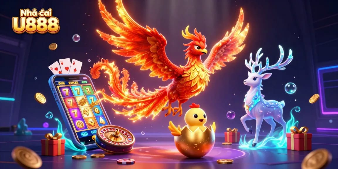 Experience thrilling gameplay with Nhà cái U888, featuring a vibrant scene of winning slots and dynamic characters.