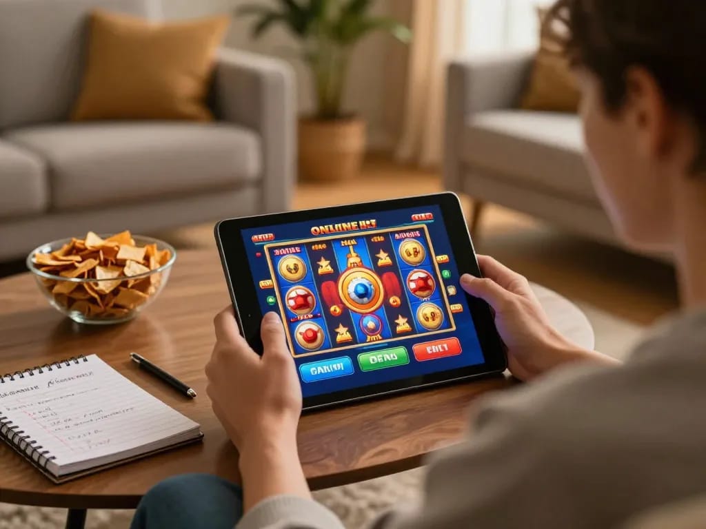 Engaging in online casino gaming at home, exploring Canadian online casinos on a tablet.