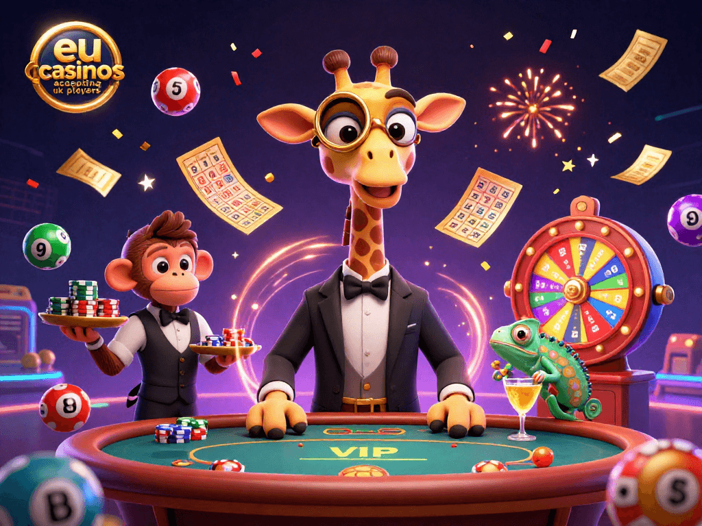 Win at eu casinos accepting UK players with a vibrant scene of fun gaming characters.