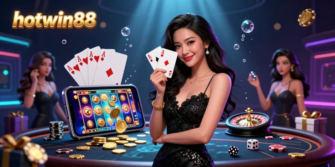 Experience the excitement of hotwin88 with a glamorous scene featuring a woman holding two aces in a vibrant casino.