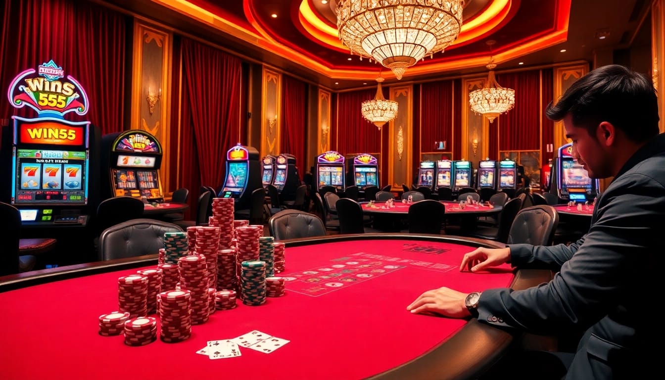 Experience the thrill of winning with win55 at a luxury poker table in a vibrant casino.