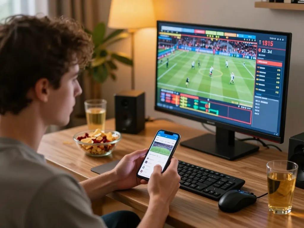 Sports betting action with uu88vn app on mobile, showing live event and strategy notes in cozy home.