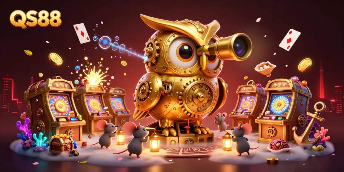 Experience QS88's thrilling online casino with a vibrant scene of games, treasure, and excitement.