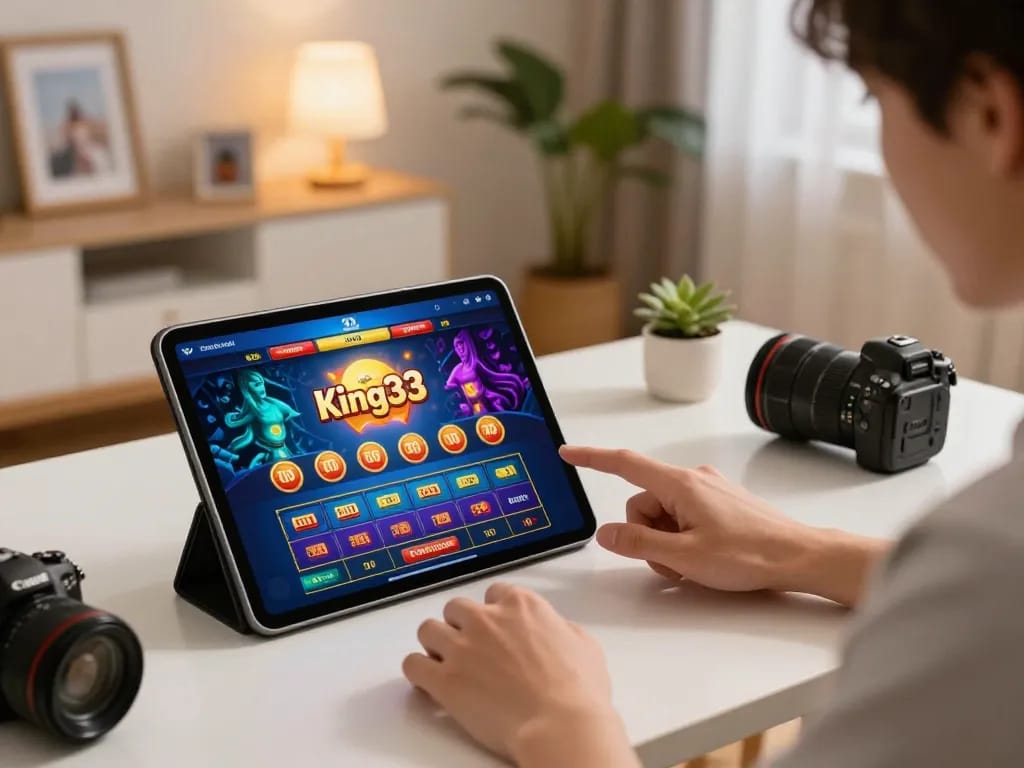 Engaging with king33 online casino app from a modern setup, showcasing dynamic gaming action and user interaction.
