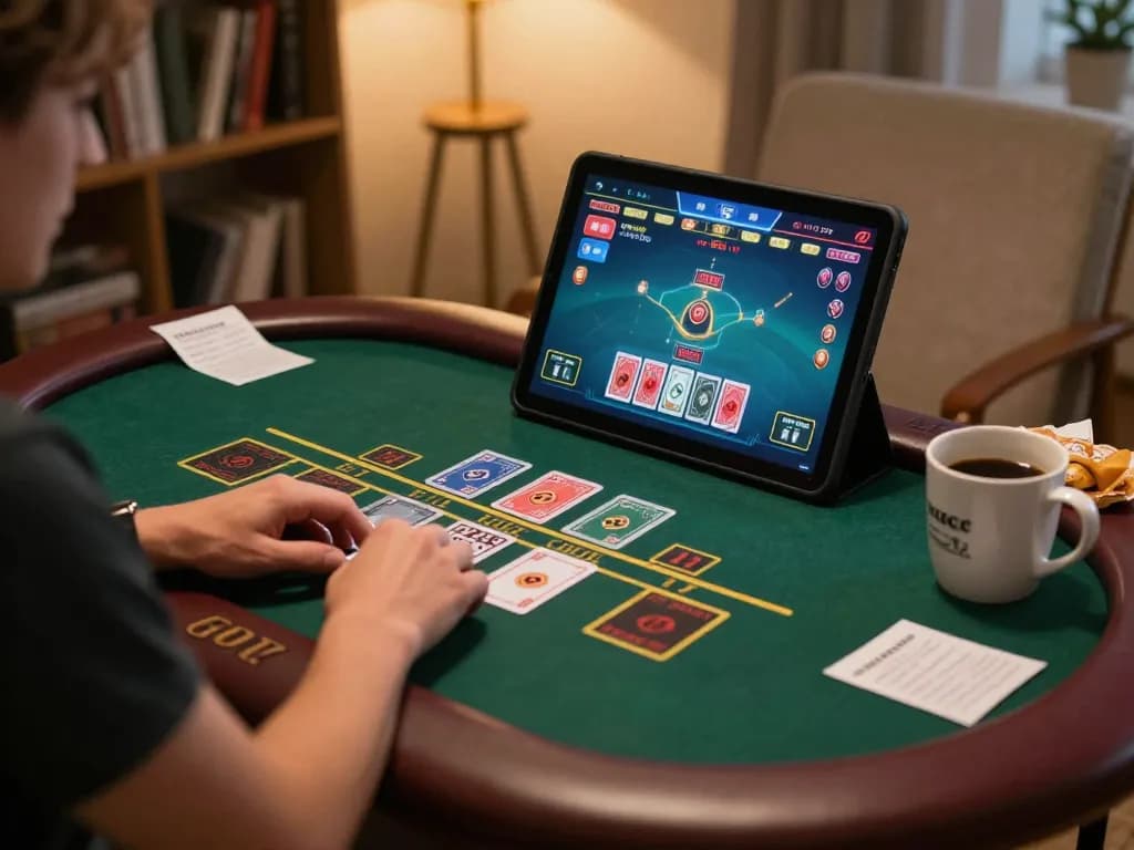 Person immersed in king33 live dealer blackjack game, showcasing interactive online gambling.