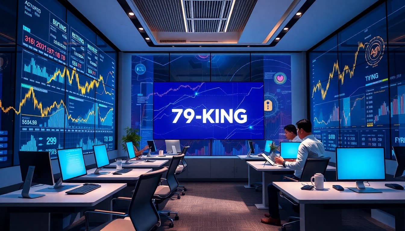 Scène financière moderne avec le branding 79KING, données numériques et professionnels en affaires dans un environnement de bureau high-tech, symbolisant confiance et innovation pour 2025.