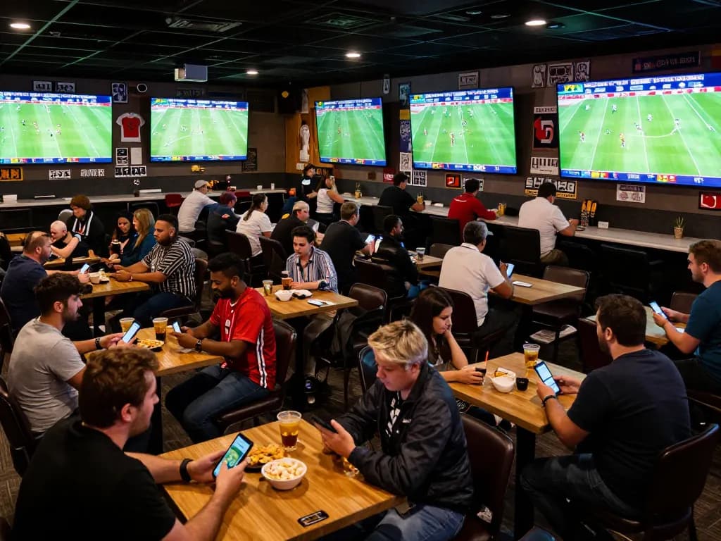 Kèo bóng đá hôm nay action with fans intensely engaged in live sports betting at a vibrant lounge