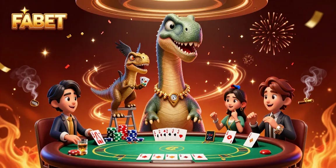 Join the excitement at FABET with a colossal brontosaurus overseeing thrilling poker action!