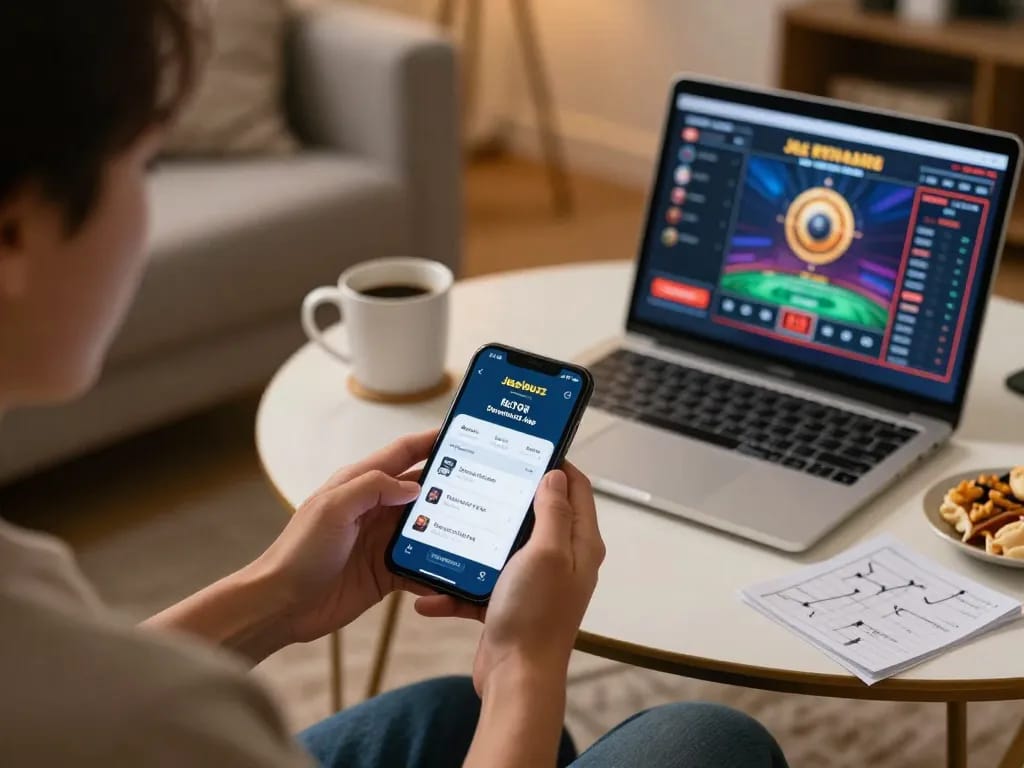 Engaging moment of a player using the Jeetbuzz Download App on their smartphone for online gambling.