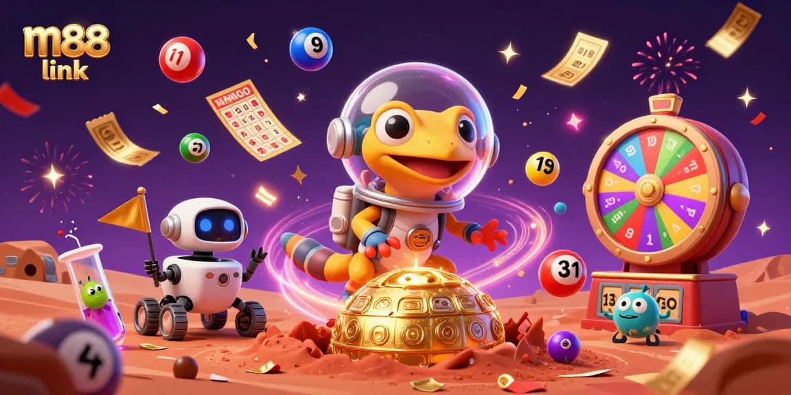 Experience excitement with the m88 link as our Martian gecko uncovers a vibrant casino treasure amidst cosmic fun.