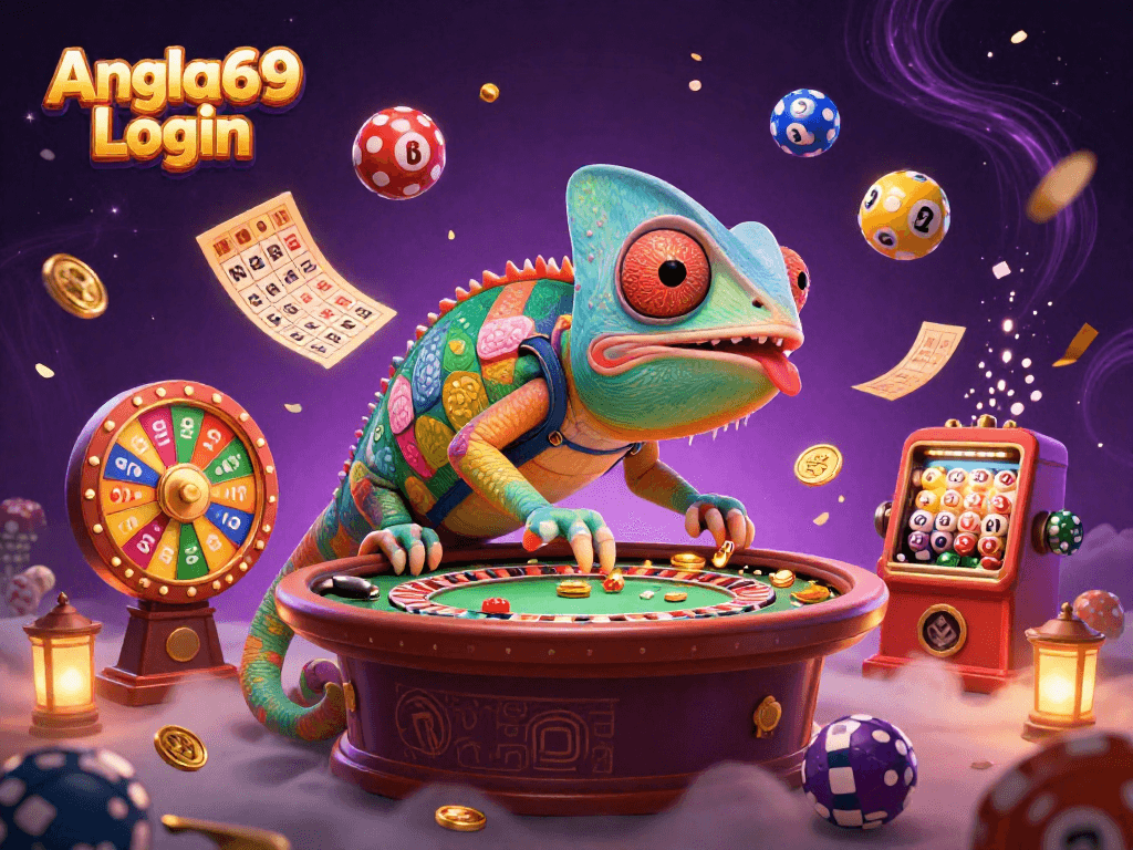 Play exciting games at Angka69 Login with colorful lottery and bingo elements in a vibrant casino scene.