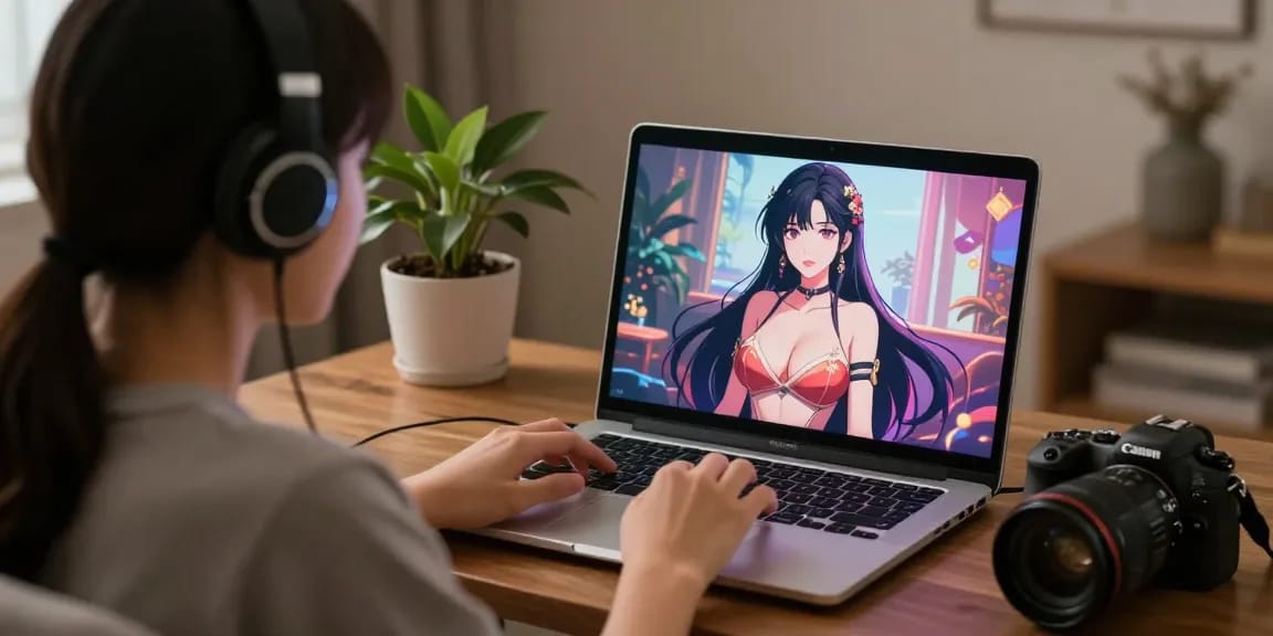 Engaging in hentai ai chat with a vibrant virtual character on laptop in a cozy room.