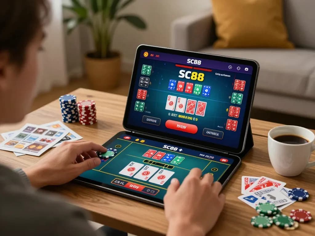 Engaging SC88 online gaming moment on tablet, showing live dealer game action in cozy setting.