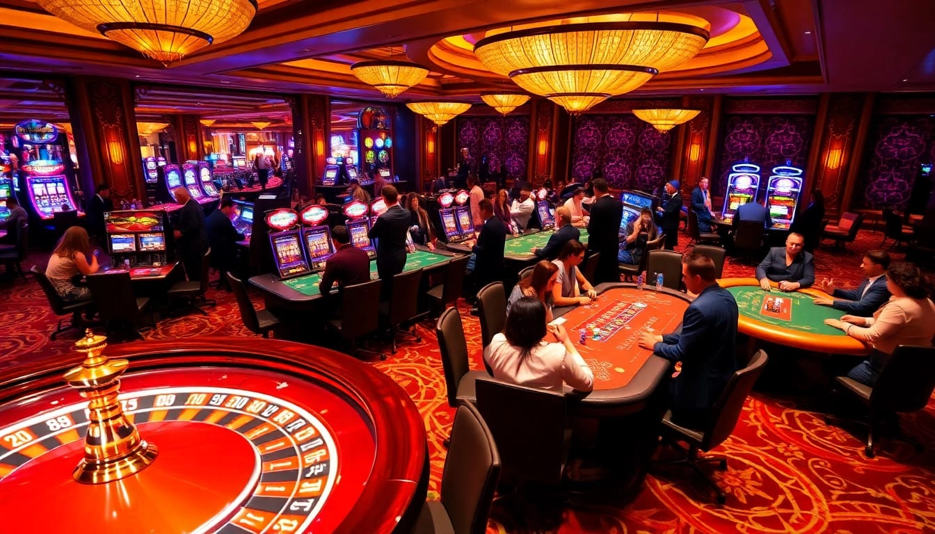 Players enjoying the excitement of KJC casino games with vibrant tables and chips.