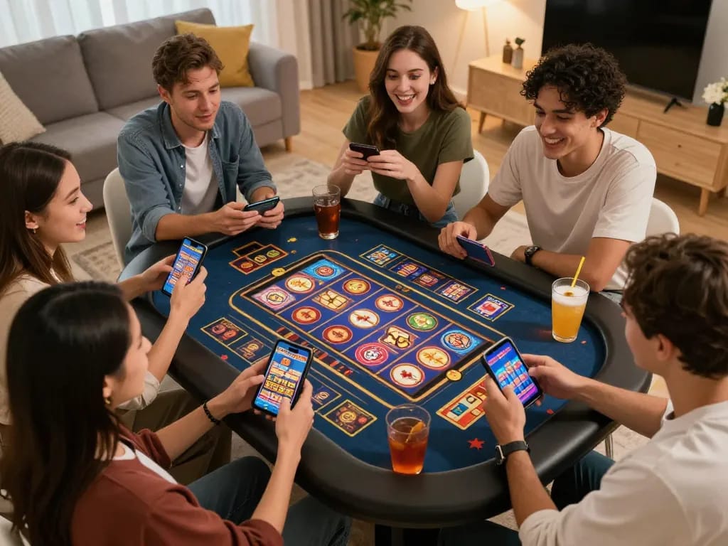 Friends enjoying competitive gameplay on app 555win in a cozy home setting with smartphones and vibrant game displays