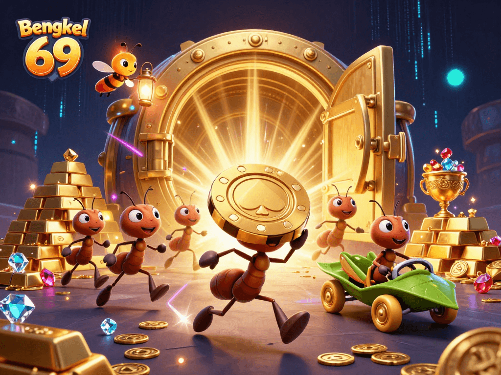 Bengkel 69 showcases a heist by ants in a vibrant casino-themed scene filled with gold and gems.